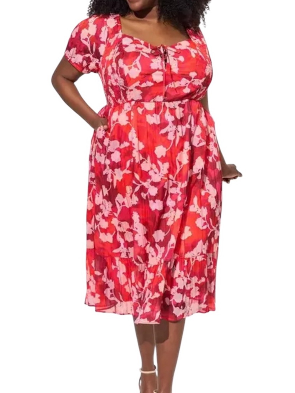 Torrid Red Floral Clip Dot Lace-Up Smocked Midi Dress